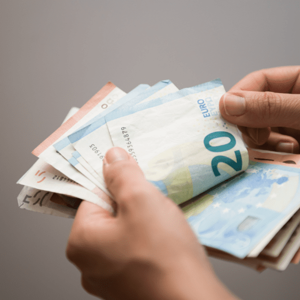 obrázok rúk, ktoré držia rôzne eurobankovky